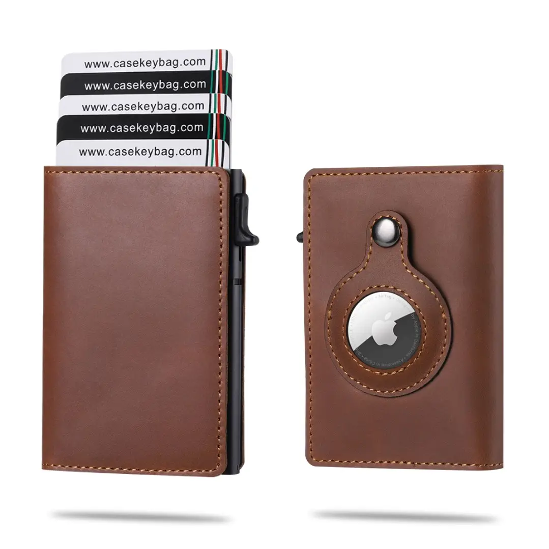 Multifunctional Aluminum Smart Card Wallet Holder Anti-lost Cover Case for Airtag Custom Men's Slim Genuine Leather Wallet