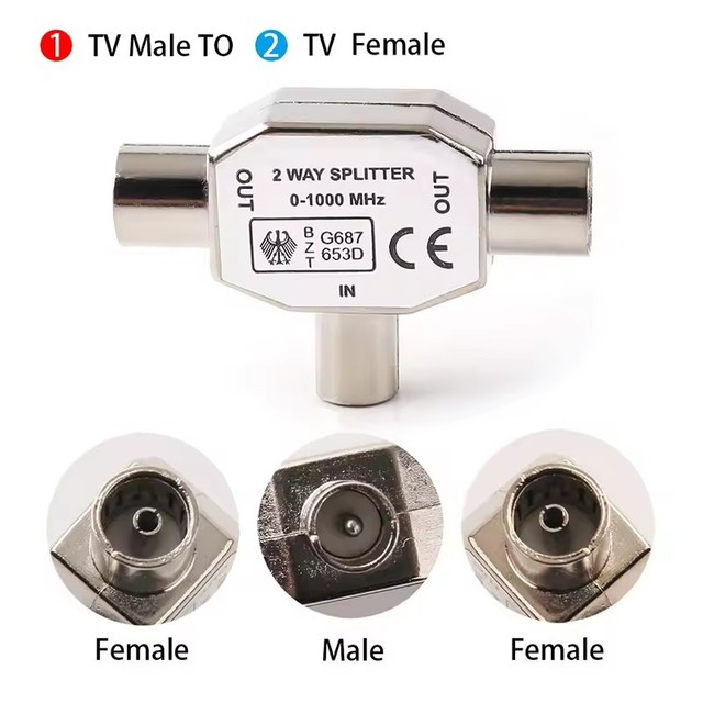 TV Aerial Coaxial Splitter 1 Male to 2 Female Connectors T/F Type Antenna Plug Jack For TV/T Adapters