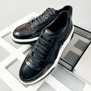 Chaussures de sport pour hommes en cuir véritable, bout rond, lacets, noires, toutes saisons, respirantes, semelle extérieure en caoutchouc, semelle intermédiaire en EVA - Product Image 5