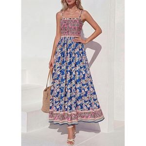 FOXA Womens <b>Summer</b> Maxi <b>Dress</b> Floral <b>Boho</b> Spaghetti Strap A-Line Elastic Waist Breathable Casual Beach Sundress - Product Image 5