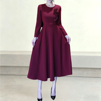 Robe élégante rouge vin à fleurs 3D, robe modeste à manches longues, robe fluide à coupe trapèze, robe de soirée formelle haut de gamme pour femme de bureau professionnelle