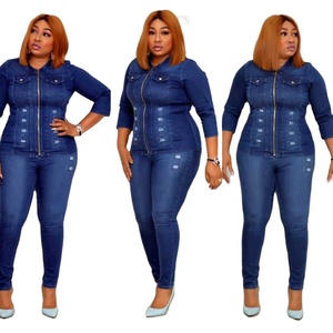 Conjunto de Chaqueta y Pantalones Vaqueros Casuales de Tallas Grandes para Mujer, Ajuste Holgado Oversize, Cintura Media, Estilo Madre, Deshilachado a Mano, ¡Venta Caliente! - Product Image 1