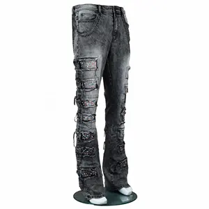 Pakaian Wangsheng jeans merek populer menyesuaikan percikan cat celana tukang kayu dicuci celana jeans bertumpuk pria