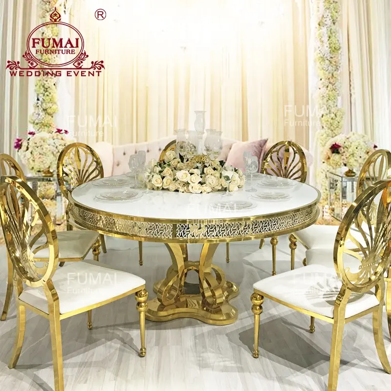 Mesa de comedor redonda, hecha en Foshan, Base dorada de lujo, Dubái, Mdf