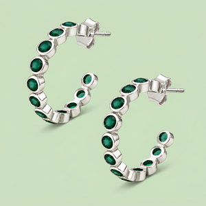 Emerald 925 <b>Sterling</b> <b>Silver</b> Half Hoop <b>Earrings</b> – Bezel <b>Set</b> Round Gemstone Statement Jewelry - Product Image 1