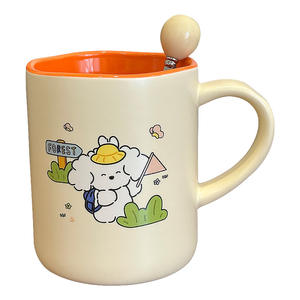 Taza de cerámica con diseño de cachorro de dibujos animados, con cuchara, taza individual para el hogar, para parejas, desayuno, café, regalo, verano 2024 - Product Image 3