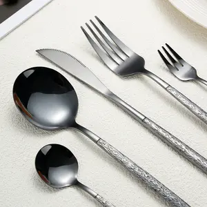 Nuevos cubiertos martillados de acero inoxidable, cubiertos negros, cuchillo, tenedor, cuchara, Juego de 4 piezas para restaurante