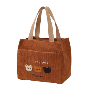 Bolso tote de lona y pana de moda para mujer, mini bolso de mano con oso bordado, lindo bolso de almuerzo con estampado Happy Day y cierre de cremallera, 6 pulgadas - Product Image 1