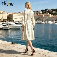 Robe élégante pour femme, en satin, à manches longues bouffantes, à motif floral, avec ceinture, collection printemps, vente en gros d'usine OEM
