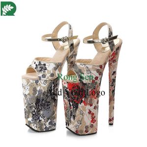 Scarpe a punta aperta con tacco alto da donna floreali da donna tacchi alti pazzi alti con zeppa con tacco alto sandali con cinturino fibbia - Product Image 1