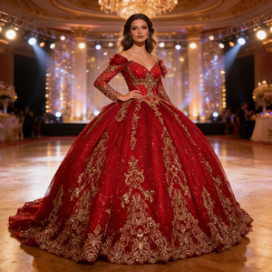 Vestido de Quinceañera con Lentejuelas Rojas Brillantes - Vestido de Gala con Cola de Corte Bordado a Mano en Oro - Product Image 2