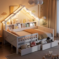Lit enfant en forme de maison en bois avec barrières de sécurité, tiroirs de rangement, étagère à livres et éclairage LED pour chambre de garçons et filles, lit de sieste pour tout-petits, mobilier de maison