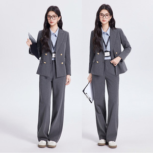 Women's Grey Suit Set Double Breasted Wide Leg Pants Business Work Interview Elegant Anti-Wrinkle Full Sleeve Worsted Fabric - Product Image 1