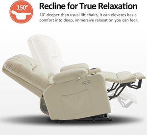 Sillón Reclinable Eléctrico Extra Grande Color Crema con Masaje Térmico, Puertos USB y Tipo C, Portavasos Grandes, Cuero Sintético R7092 - Product Image 4