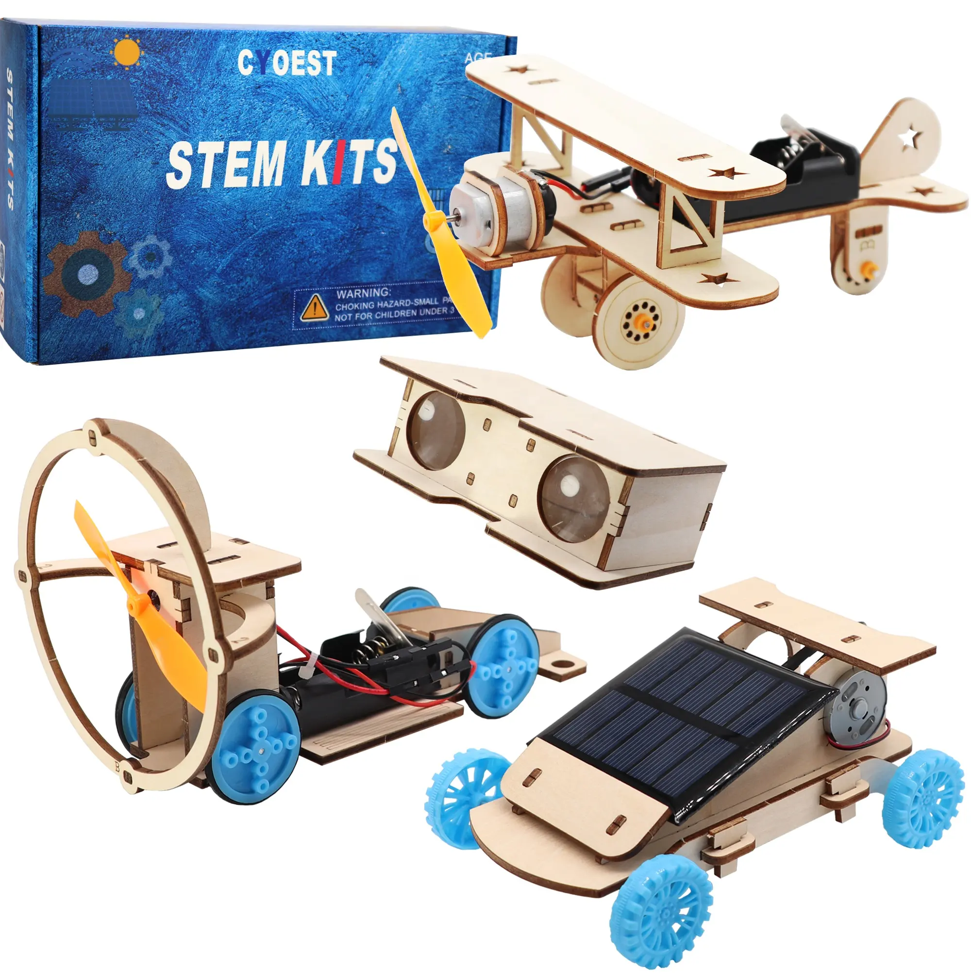 4 sets in 1 Wooden Science Experiment Model Kit Solar Power Car,STEM Educational Building Project kit for kids