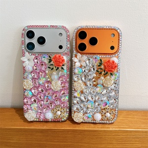 Funda Brillante con Diamantes y Flores Rosas para iPhone 17 Air 16 Pro 15 Max, Carcasa Trasera DIY de TPU con Diseño de Arcoíris y Purpurina - Product Image 1