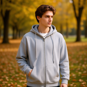 Sudadera con capucha y cremallera para hombre, estilo oversized, de felpa francesa, informal, para otoño, corte regular, manga larga, color liso, estilo tejido - Product Image 2