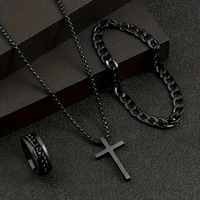 Ensemble de bijoux 3 pièces tendance Hip Hop : Collier pendentif croix, bracelet et bague pour stockage en magasin d'accessoires