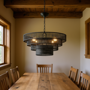 Lámpara colgante rústica estilo boho de 24 pulgadas, de cuerda de cáñamo negra, de 5 niveles, con portalámparas E12, para comedor. - Product Image 2