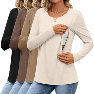 NZMAN Lot de 4 hauts d'allaitement en coton pour femmes, avec fermetures éclair discrètes, col rond, manches longues, chemises de <span class=keywords><strong>grossesse</strong></span> coupe ample - Product Image 1