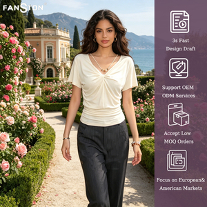 2026 Venta al por mayor desde China: Camiseta <span class=keywords><strong>de</strong></span> manga corta con cuello en V y nudo retorcido, estilo dulce y delicado, blusa elegante <span class=keywords><strong>de</strong></span> verano con fruncido y corte ajustado. - Product Image 1