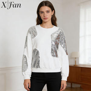 Wholesale Women's Elegant Crewneck Sequined Patch <b>White</b> Pullover <b>Sweatshirt</b> - Product Image 1