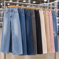 Celana Jeans Wanita Model Kaki Lebar Gaya Kasual Berkualitas Tinggi, Pinggang Tinggi, Bahan Denim, Bekas, Berbagai Warna, Kualitas Jepang