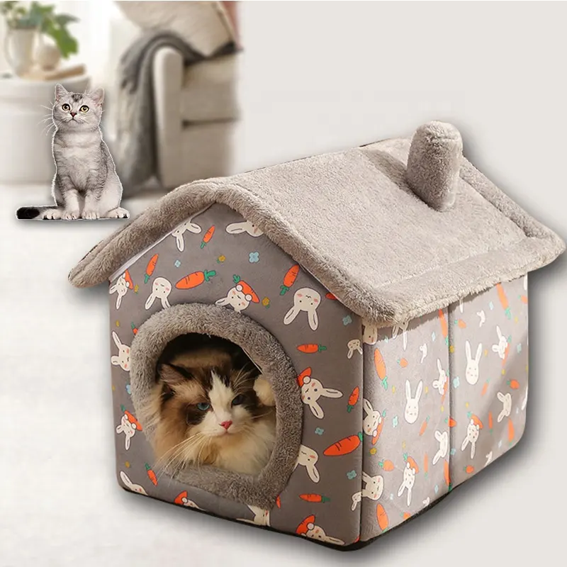 Plush Padded Dog Houses Detachable and Portable and Windproof Grey Doghouse Cat Pet House