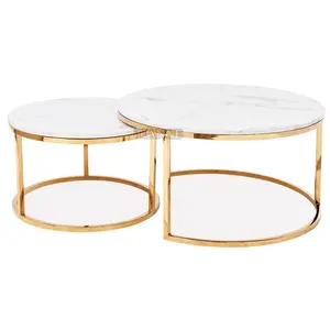 Mobilier moderne et italien de luxe pour le salon table basse Nid rond en acier inoxydable doré avec dessus en marbre