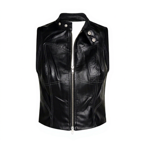 FAZMAX <b>Men's</b> Black Genuine Leather High Street Breathable Moto <b>Vest</b> V-neck Regular Length Solid Color Outerwear - Product Image 1