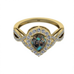 Meilleure vente Bague fine en argent 925 plaqué or 18 carats 6x8mm Mohave Bleu Noir Cuivre Turquoise CZ pour mariages et cocktails - Product Image 1