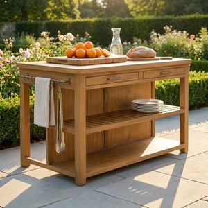 Langlebiges Outdoor-Sideboard aus Massivem Teakholz mit Aluminiumgriffen für Luxushotels, Resorts und Gastronomie-Terrassenprojekte - Product Image 1