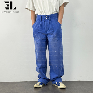 LARSUR Custom Factory Sun Faded Duck Canvas Chore French Blue Utility Fatigue Work Pants Straight Tactical French Work <strong>Trousers</strong> - Product Image 1