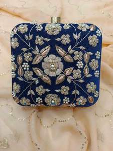 Blue Velvet Evening Clutch Hand Embroidered Gold <b>Flowers</b> Zardozi <b>Bag</b> Eco-Friendly Modern <b>Gift</b> for Wedding - Product Image 3