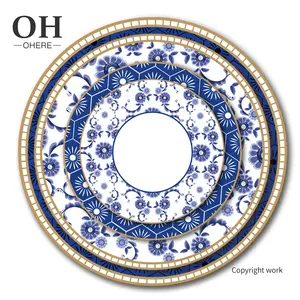 Hot selling ceramic tableware hand painted blue bohemia wedding party gold rim decor dishes plate bone china dinner set