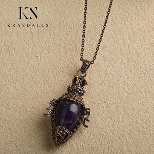 새로운 천연 크리스탈 빈티지 적동 할로우 병 호안석 자수정 래브라도라이트 펜듈럼 주얼리 목걸이 펜던트 - Product Image 3