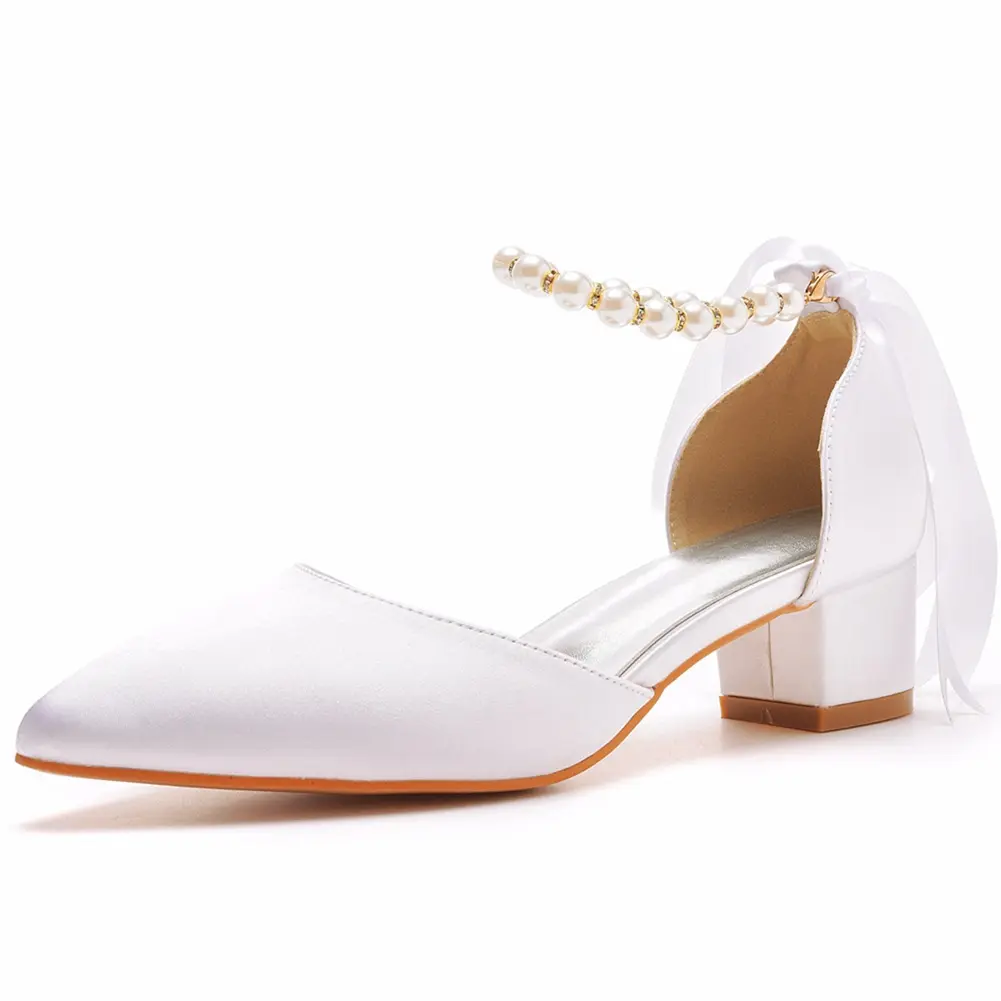 Sandalias de tacón medio y bajo de 4 cm para mujer, zapatos de tacón grueso de boca ligera, de tela de satén blanco para boda