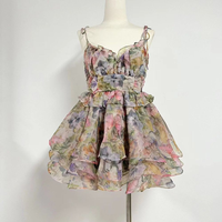 Robe Courte Vintage Décontractée en Mousseline de Soie pour Femme, Style Princesse, à Bretelles Fines, Imprimé Nœud, Sans Manches, avec Lacets, Collection Été, Vente en Gros pour Boutiques