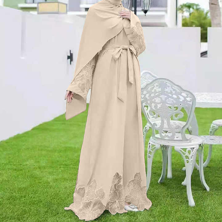 SIPO Islamic Dress Crew Neck Abaya Embroidered Craft Cotton  Modest Dress Ramadan Eid Mubarak Kaftan Dubai Abaya Dress