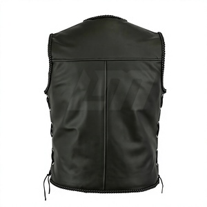 Gilet de motard en cuir véritable respirant pour homme, col en V, couleur unie, avec poches et fermeture latérale à lacets, vêtement d'extérieur d'hiver - Product Image 3
