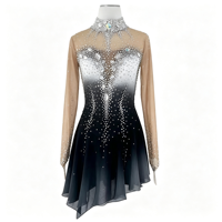 Robe de patinage artistique à col haut et manches longues, dégradé noir et blanc avec strass, en tissu mesh pour compétition et spectacle sur glace (adultes et enfants)