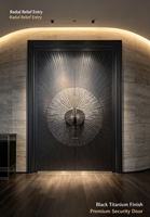 Porte d'entrée extérieure double en aluminium moulé circulaire de luxe, design européen, avec relief 3D soleil éclatant sculpté en fibre de verre