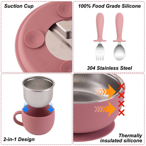 Baby Food Grade Silicone Stainless Feeding Set with Divided Suction Plate <b>Cutlery</b> Mug Toddler Food Container <b>Kids</b> Dining - Product Image 5