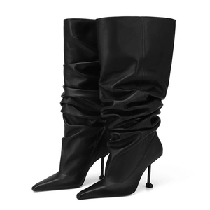 Bottines longues plissées tendance à talon chaton large et confortable pour femme, bottes hautes à bout pointu - Product Image 2
