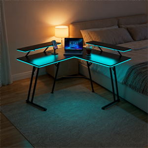 Escritorio <span class=keywords><strong>de</strong></span> juegos LED RGB ergonómico grande <span class=keywords><strong>en</strong></span> <span class=keywords><strong>forma</strong></span> <span class=keywords><strong>de</strong></span> <span class=keywords><strong>L</strong></span> para jugadores <span class=keywords><strong>de</strong></span> 2 personas con estante <span class=keywords><strong>de</strong></span> doble monitor Características del portavasos - Product Image 2