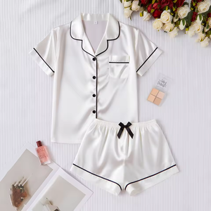 Conjuntos de <span class=keywords><strong>Pijamas</strong></span> de Dos Piezas con Cuello, Transpirables y Suaves, Ropa de Dormir Elegante de Satén en Varios Colores para Todas las Temporadas, Venta al Por Mayor - Product Image 3