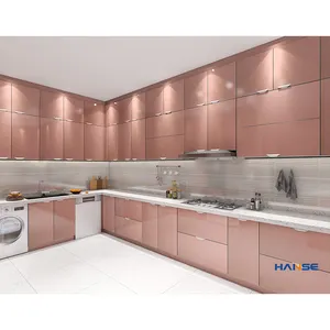 Современная кухонная мебель без ручек, новый дизайн, готовые к сборке Розовые лаковые плоские деревянные кухонные шкафы