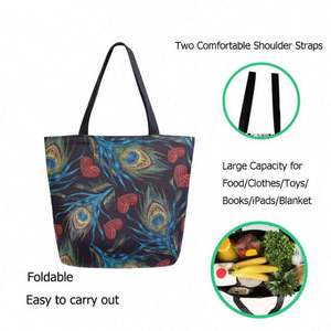 Bolso de mano elegante con plumas de pavo real, bolso grande de lona para el hombro, bolso de compras duradero y reutilizable - Product Image 3