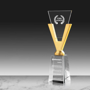 Gold Silver Bronze Sales Champion Medal Awards Crystal Trophy Customized Metal Event Souvenirs V-shaped Crystal Trophy