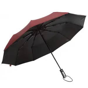 23-Inch ukuran besar otomatis penuh 3-lipat payung 10 tahan hujan UV bukti kain Pongee logam Logo plastik dewasa bepergian
